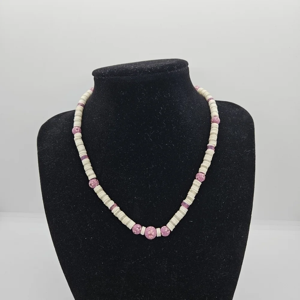 heshi bead necklace with pink purple flower polymer beads